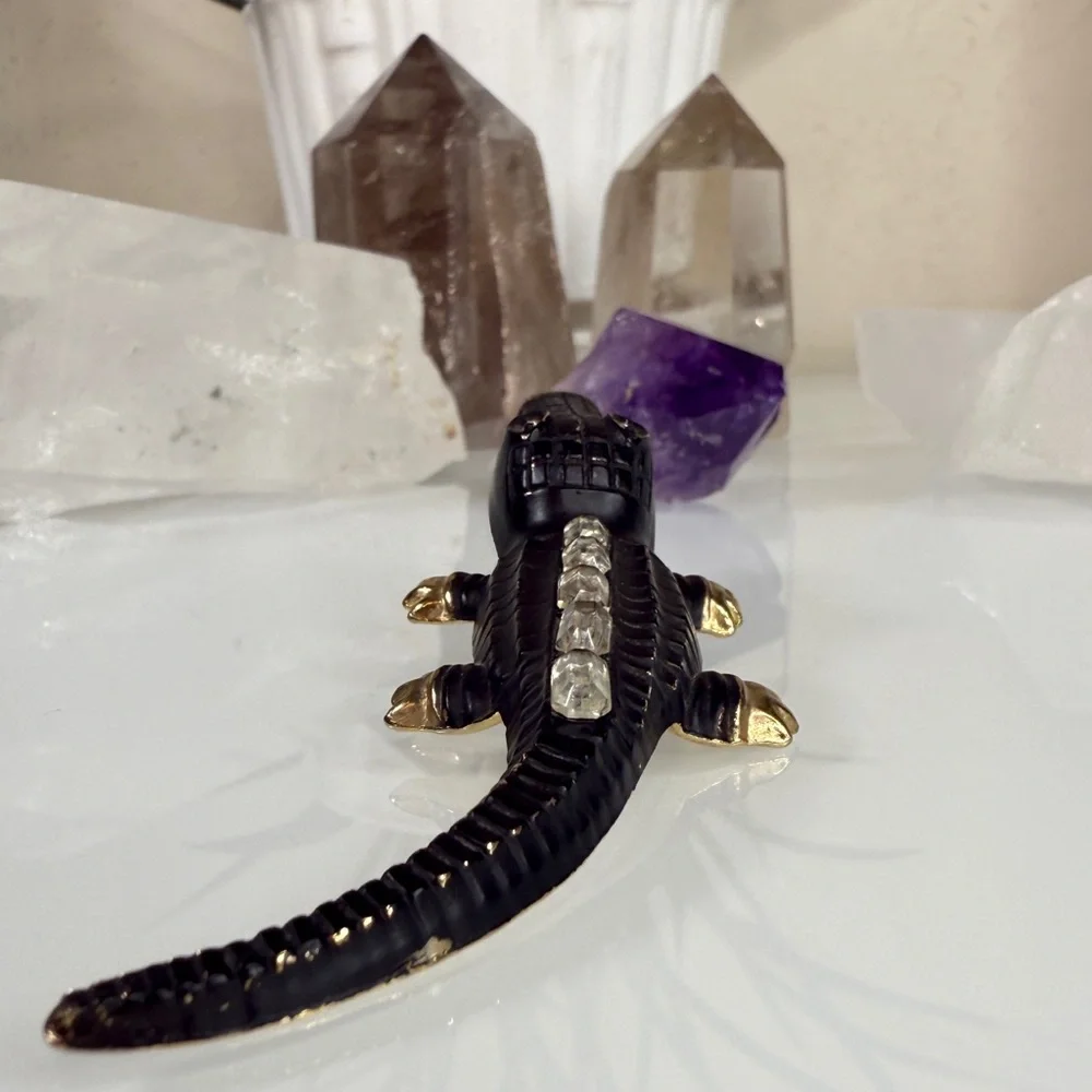 Vintage Gold Tone Metal & Black Alligator / Crocodile Clip - Picture 7 of 15